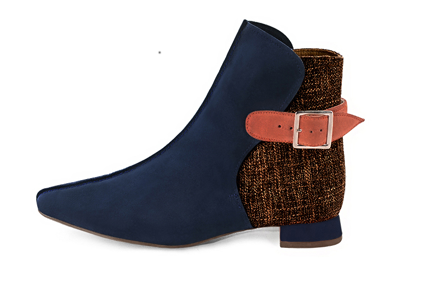 Midnight blue and terracotta orange women's ankle boots with buckles at the back. Square toe. Flat flare heels. Profile view - Florence KOOIJMAN
